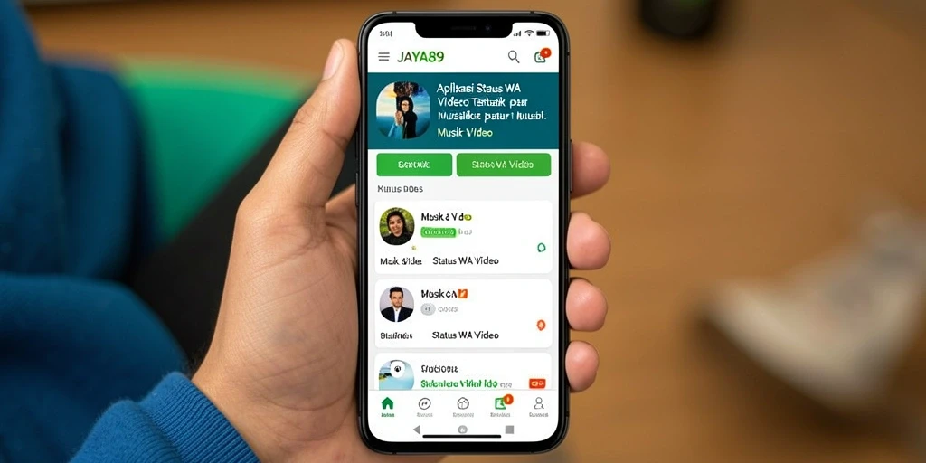 Tampilan antarmuka aplikasi JAYA89 untuk status WA video yang menarik.